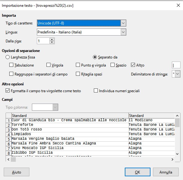 Usare LibreOffice per aprire un CSV